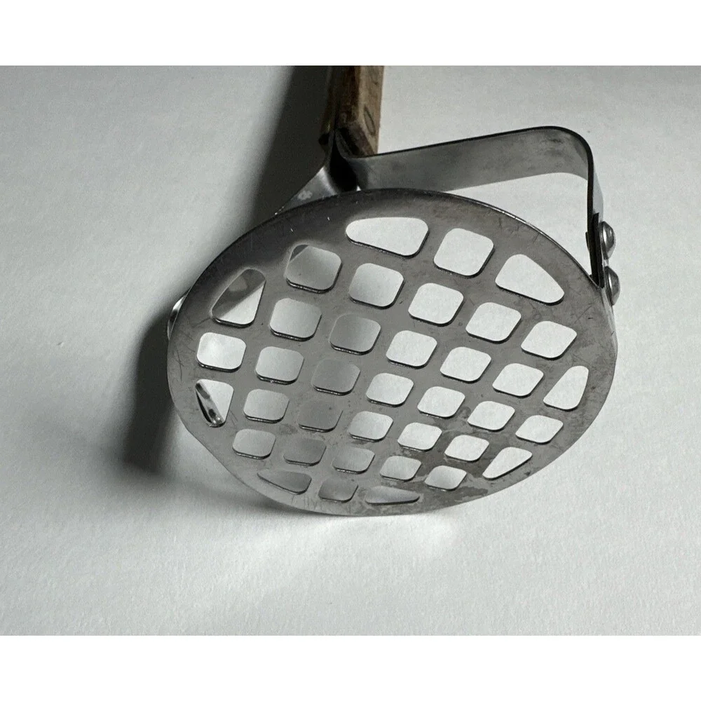 Vintage Robinson Stainless Steel Potato Masher – Wood Handle USA Made Grid Head